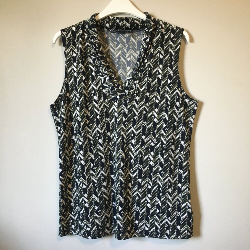 JONES NEW YORK Origami Pleated V-Neck Abstract Tweed Blouse Medium